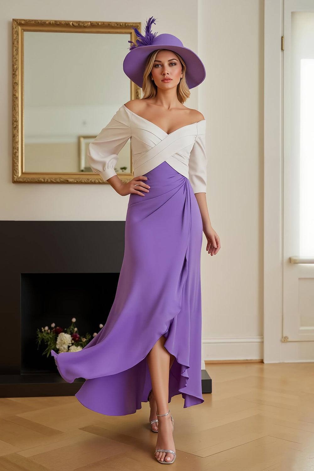 Purple White Chiffon Sheath Off the Shoulder High Low Wedding Guest Dress with Sleeves