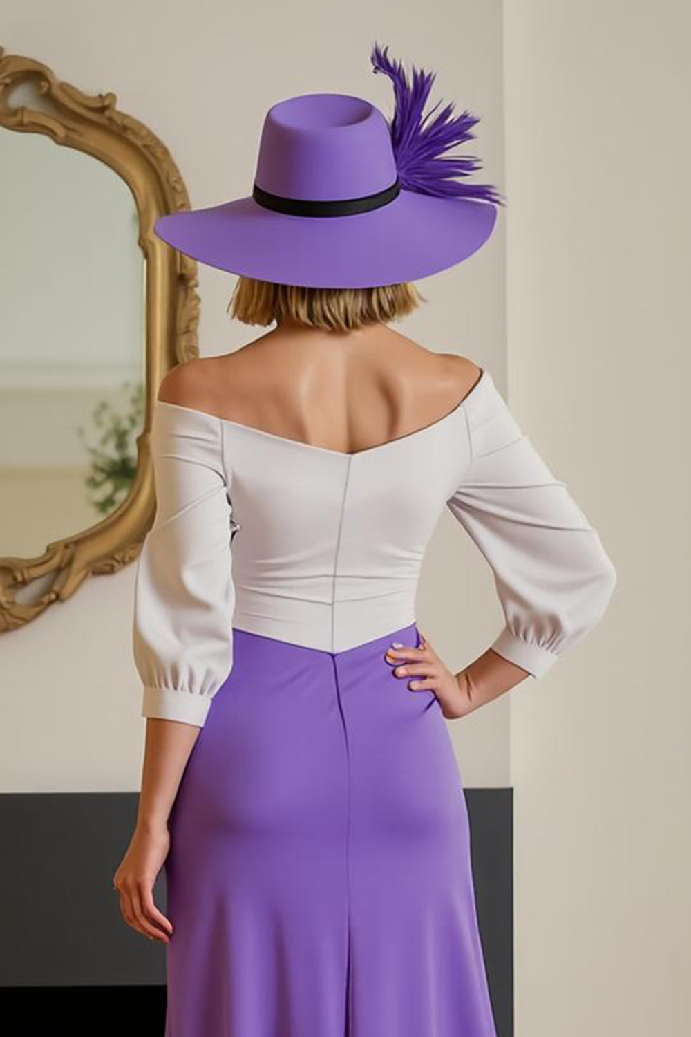 Purple White Chiffon Sheath Off the Shoulder High Low Wedding Guest Dress with Sleeves
