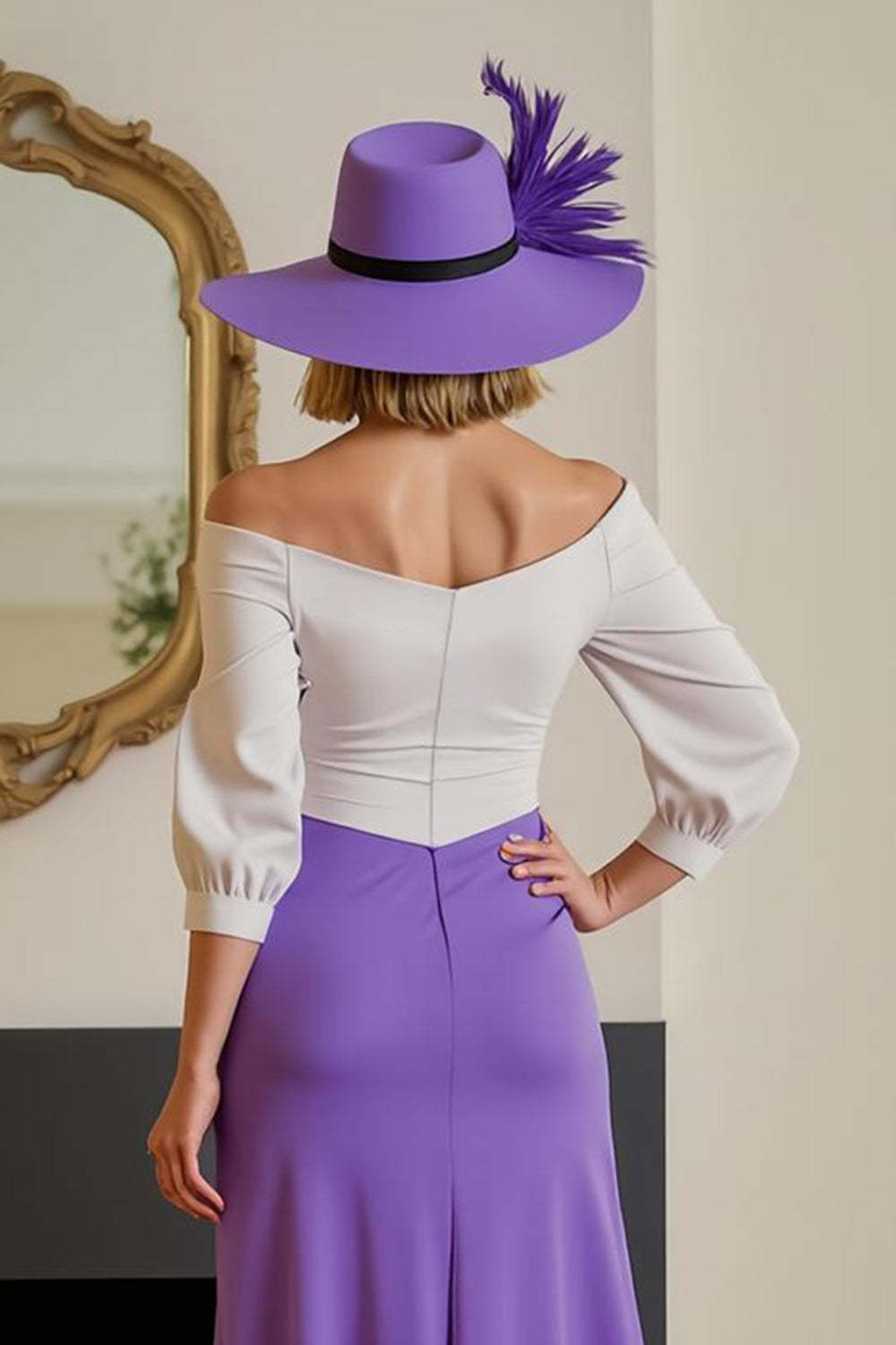Purple White Chiffon Sheath Off the Shoulder High Low Wedding Guest Dress with Sleeves