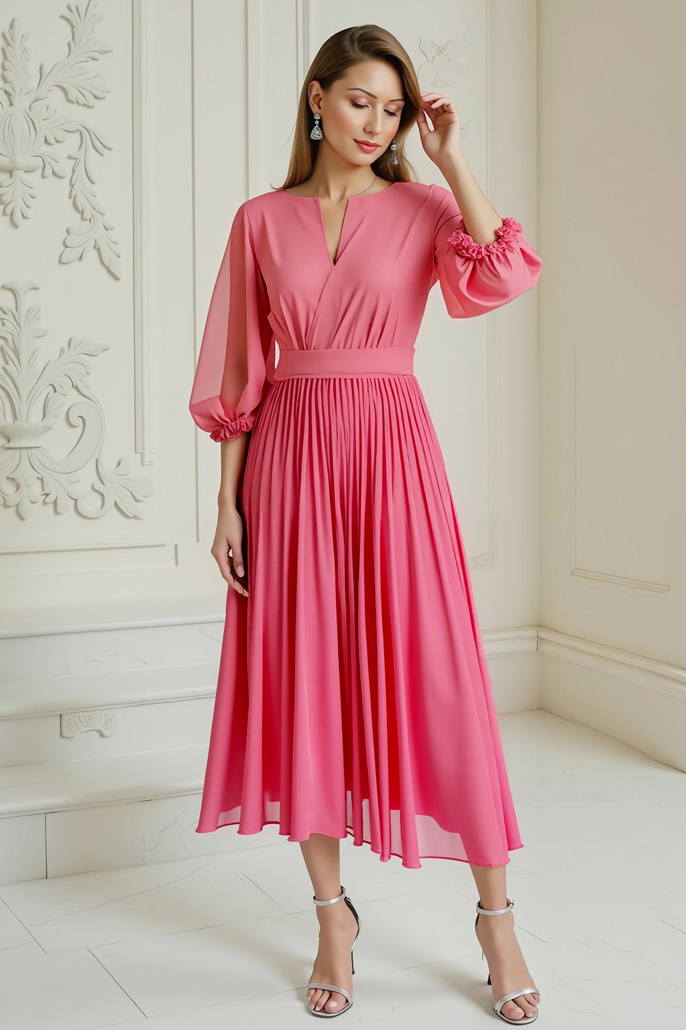 Leely Women Hot Pink Chiffon Maxi Wedding Guest Dress with Sleeves Pleated Boat Neck A Line Mother of the Bride Dress