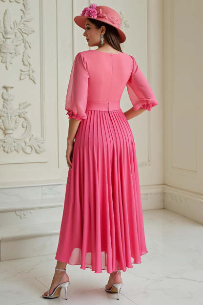 Hot Pink Chiffon Pleated A Line Maxi Wedding Guest Dress with Sleeves