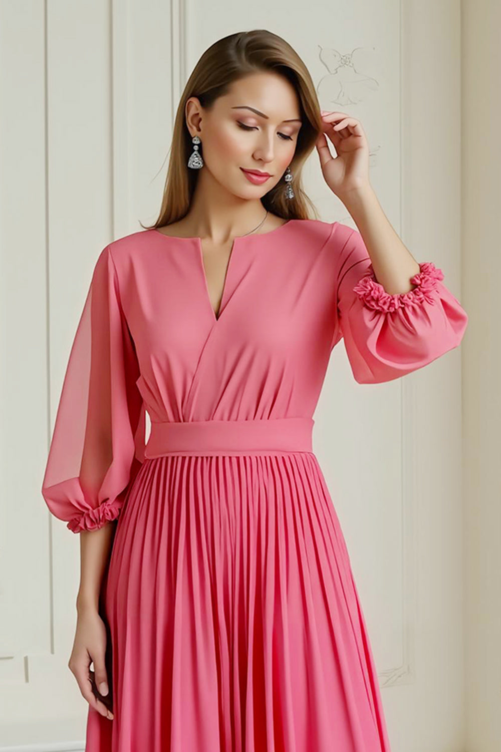Hot Pink Chiffon Pleated A Line Maxi Wedding Guest Dress with Sleeves