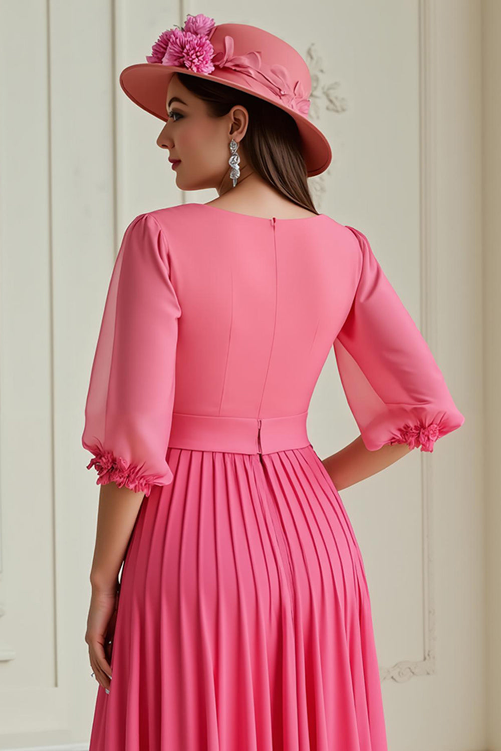 Hot Pink Chiffon Pleated A Line Maxi Wedding Guest Dress with Sleeves