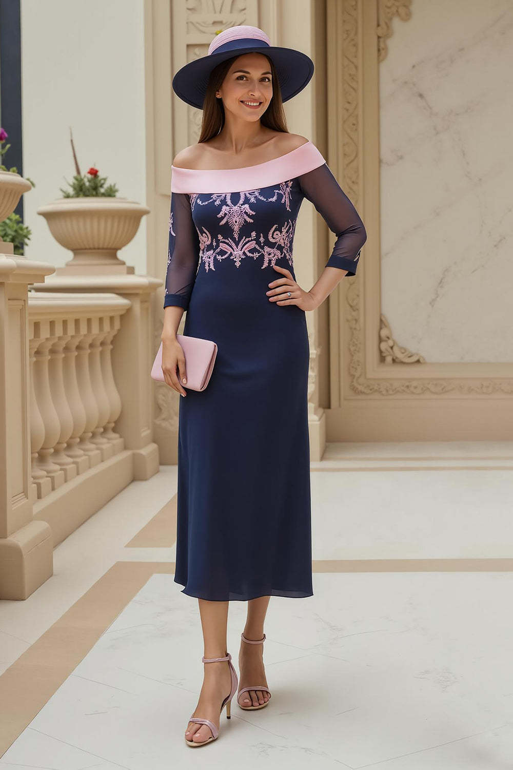 Leely Women Navy Sheath Chiffon Long Wedding Guest Dress with Sleeves Off the Shoulder Appliqued Mother of the Bride Dress
