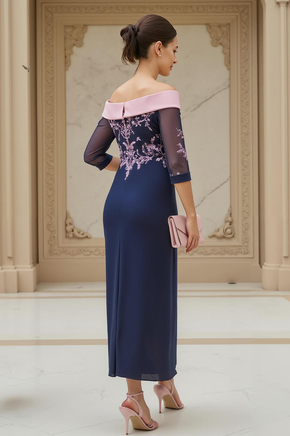 Navy Pink Sheath Chiffon Appliqued Long Wedding Guest Dress with Sleeves