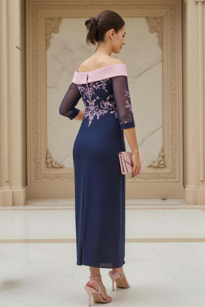 Navy Pink Sheath Chiffon Appliqued Long Wedding Guest Dress with Sleeves
