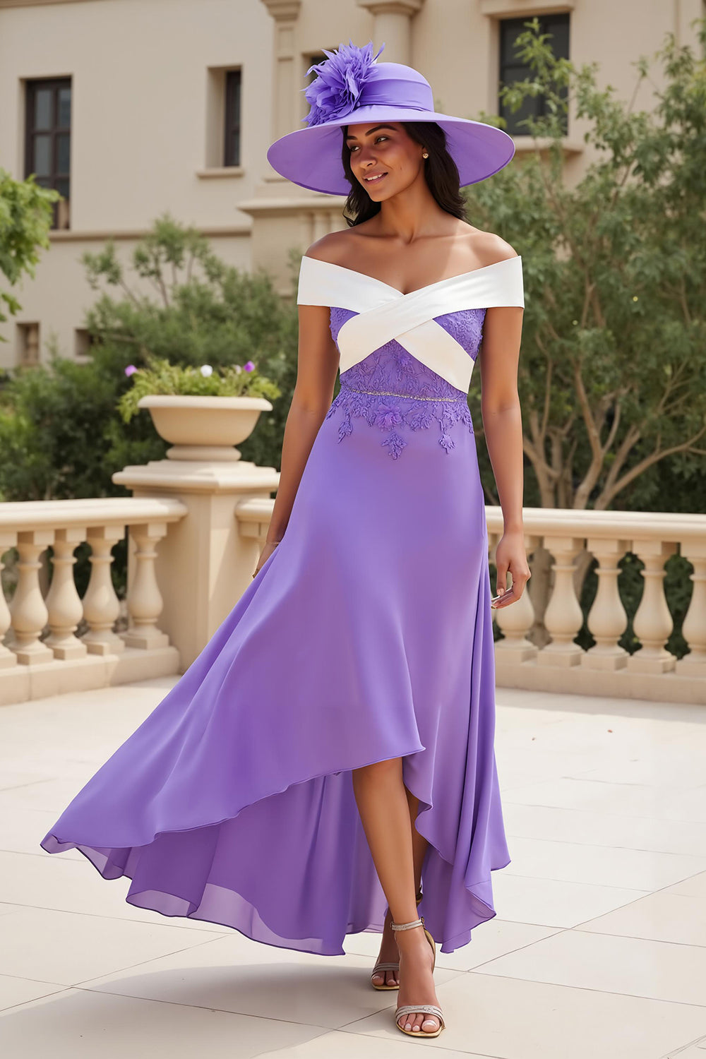 Purple Chiffon A Line High Low Wedding Guest Dress with Appliques