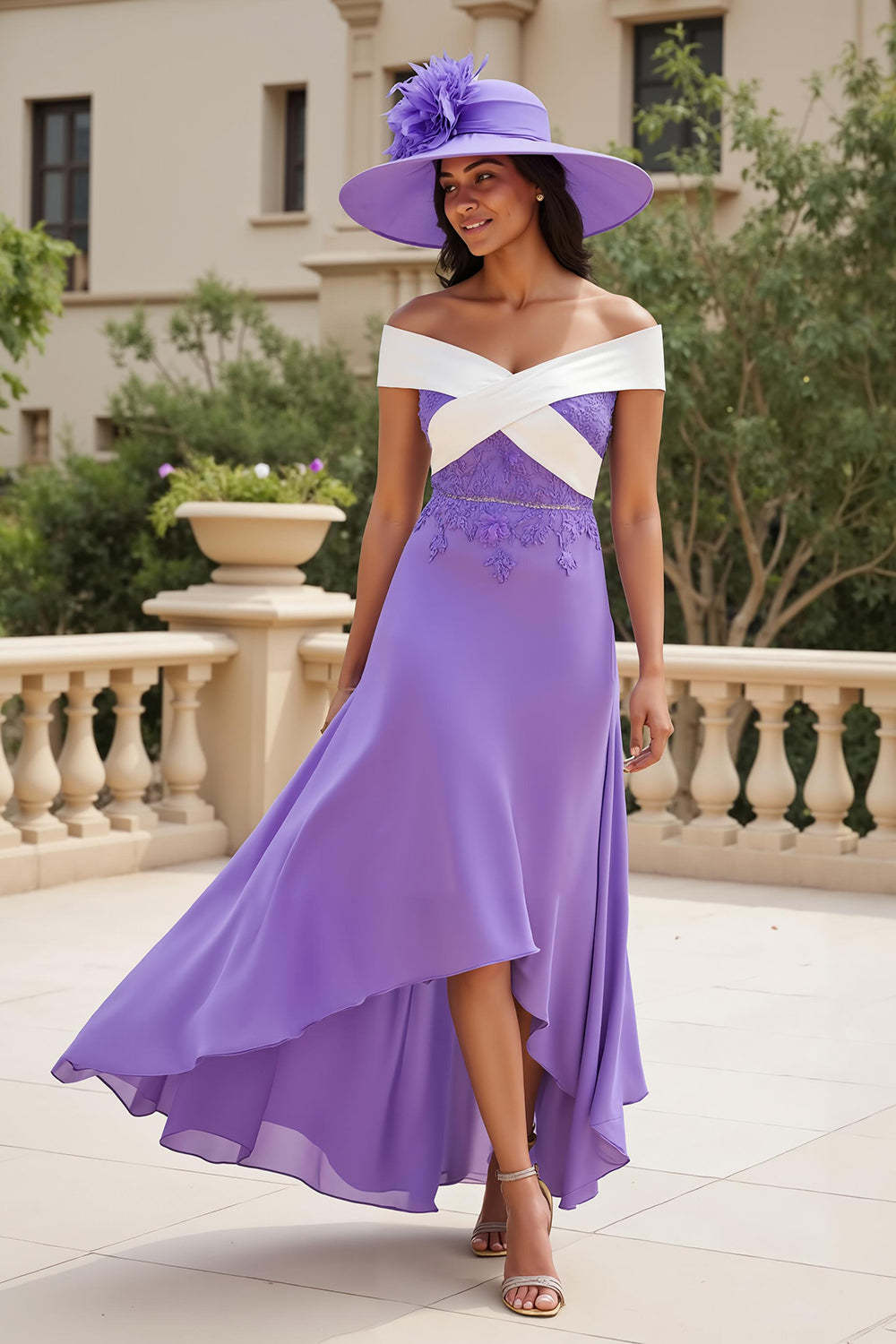 Leely Women Purple Chiffon High Low Wedding Guest Dress with Appliques A Line Off the Shoulder Mother of the Bride Dress