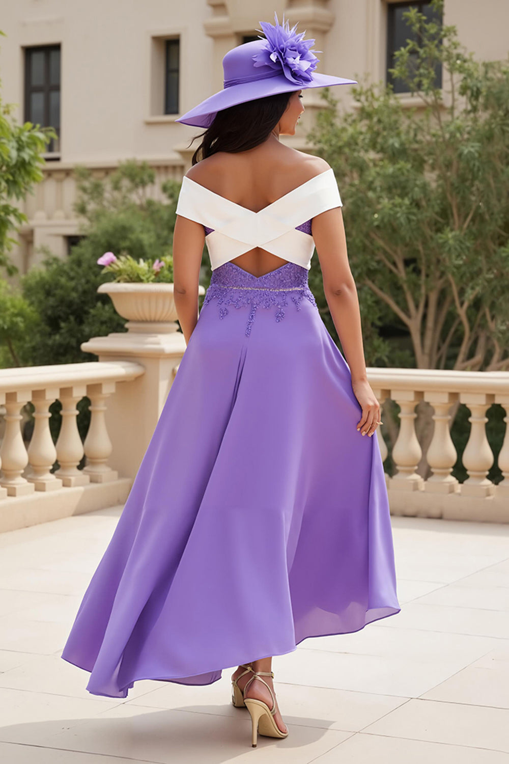 Purple Chiffon A Line High Low Wedding Guest Dress with Appliques