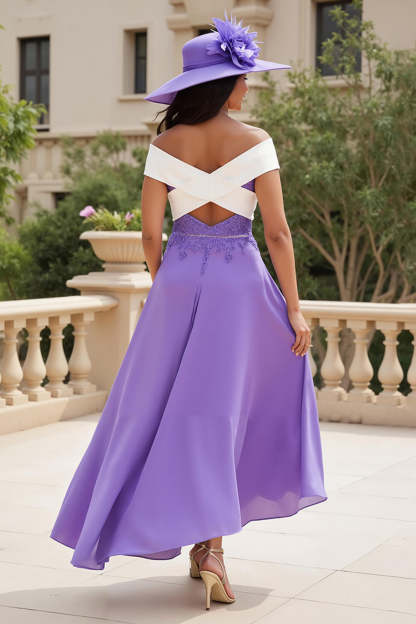 Purple Chiffon A Line High Low Wedding Guest Dress with Appliques