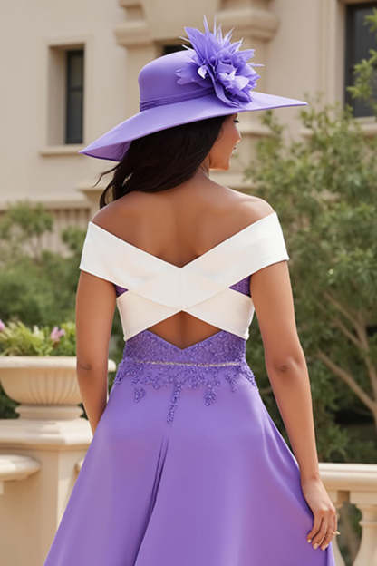 Purple Chiffon A Line High Low Wedding Guest Dress with Appliques