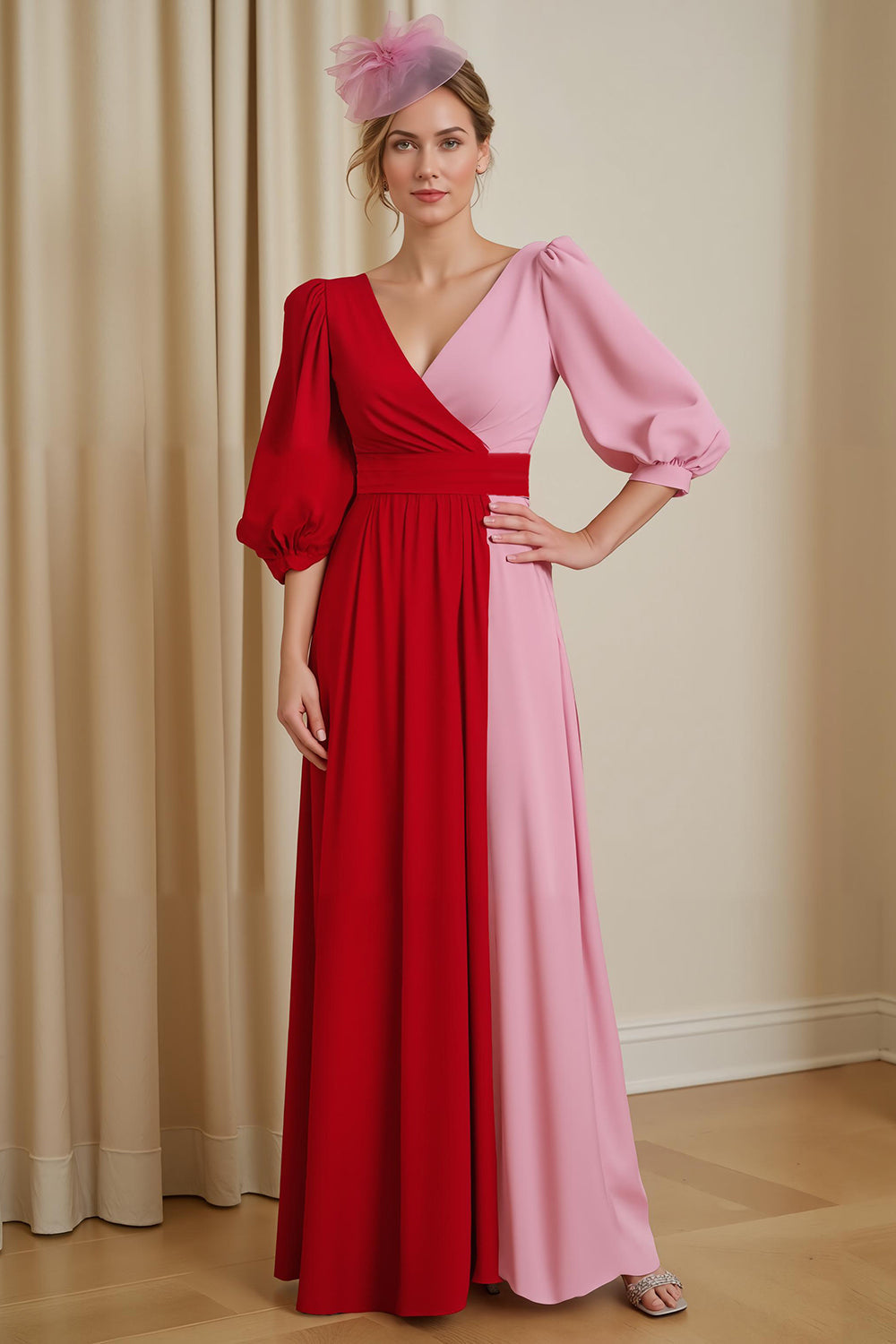 Leely Women Red Pink Patchwork Chiffon Long Wedding Guest Dress with Sleeves A Line V-Neck Mother of the Bride Dress
