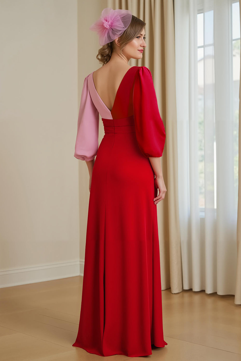Red Pink Patchwork Chiffon A Line V-Neck Long Wedding Guest Dress with Sleeves