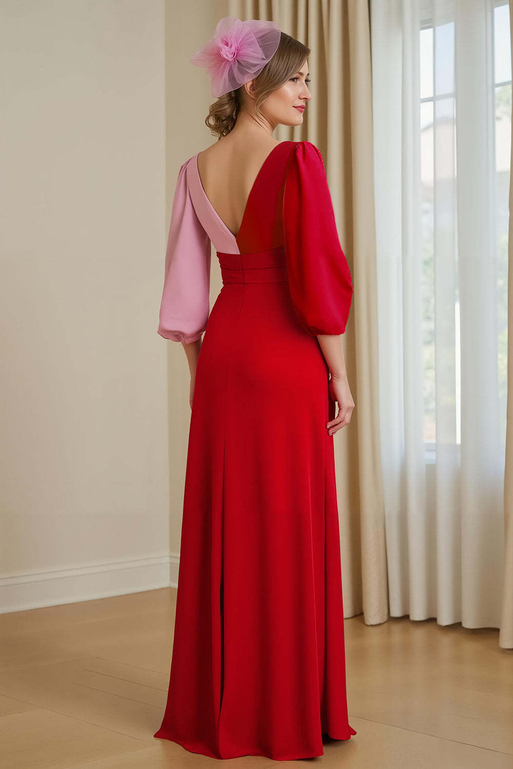 Red Pink Patchwork Chiffon A Line V-Neck Long Wedding Guest Dress with Sleeves