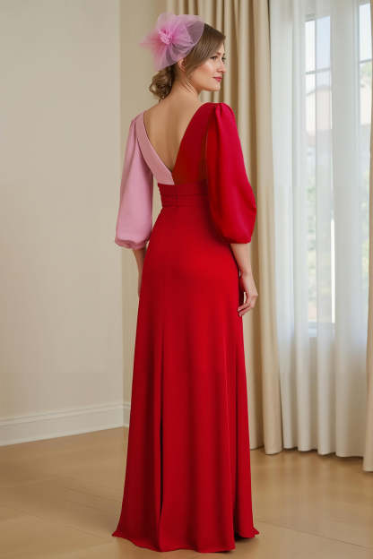Red Pink Patchwork Chiffon A Line V-Neck Long Wedding Guest Dress with Sleeves