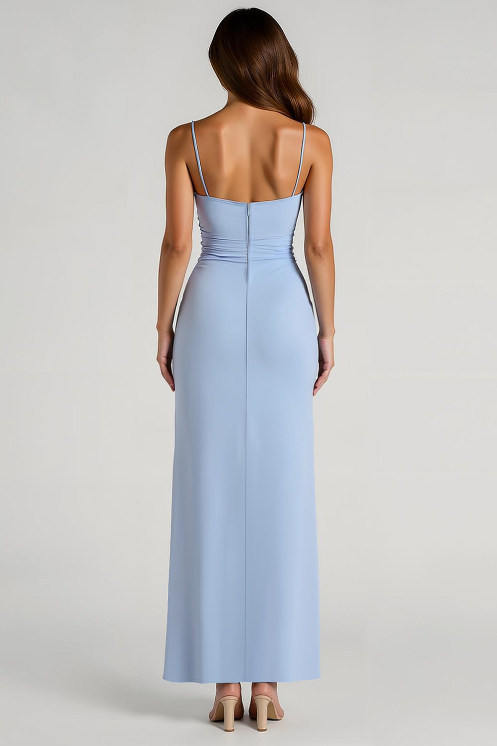 Light Blue Ruched Chiffon Sheath Long Bridesmaid Dress with Slit