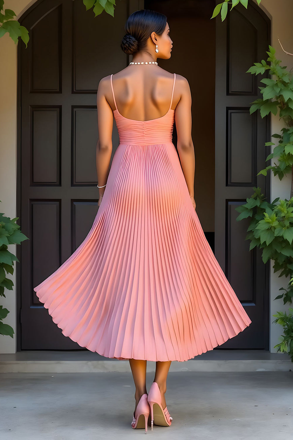 A Line Chiffon Sunset Pleated Spaghetti Straps Maxi Bridesmaid Dress
