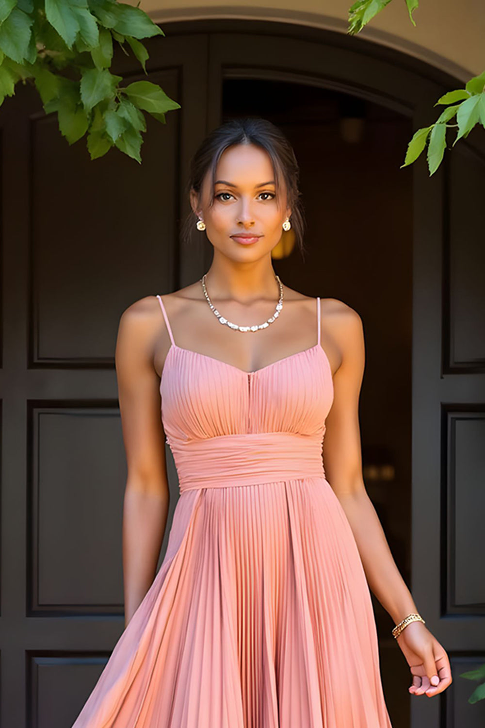 A Line Chiffon Sunset Pleated Spaghetti Straps Maxi Bridesmaid Dress