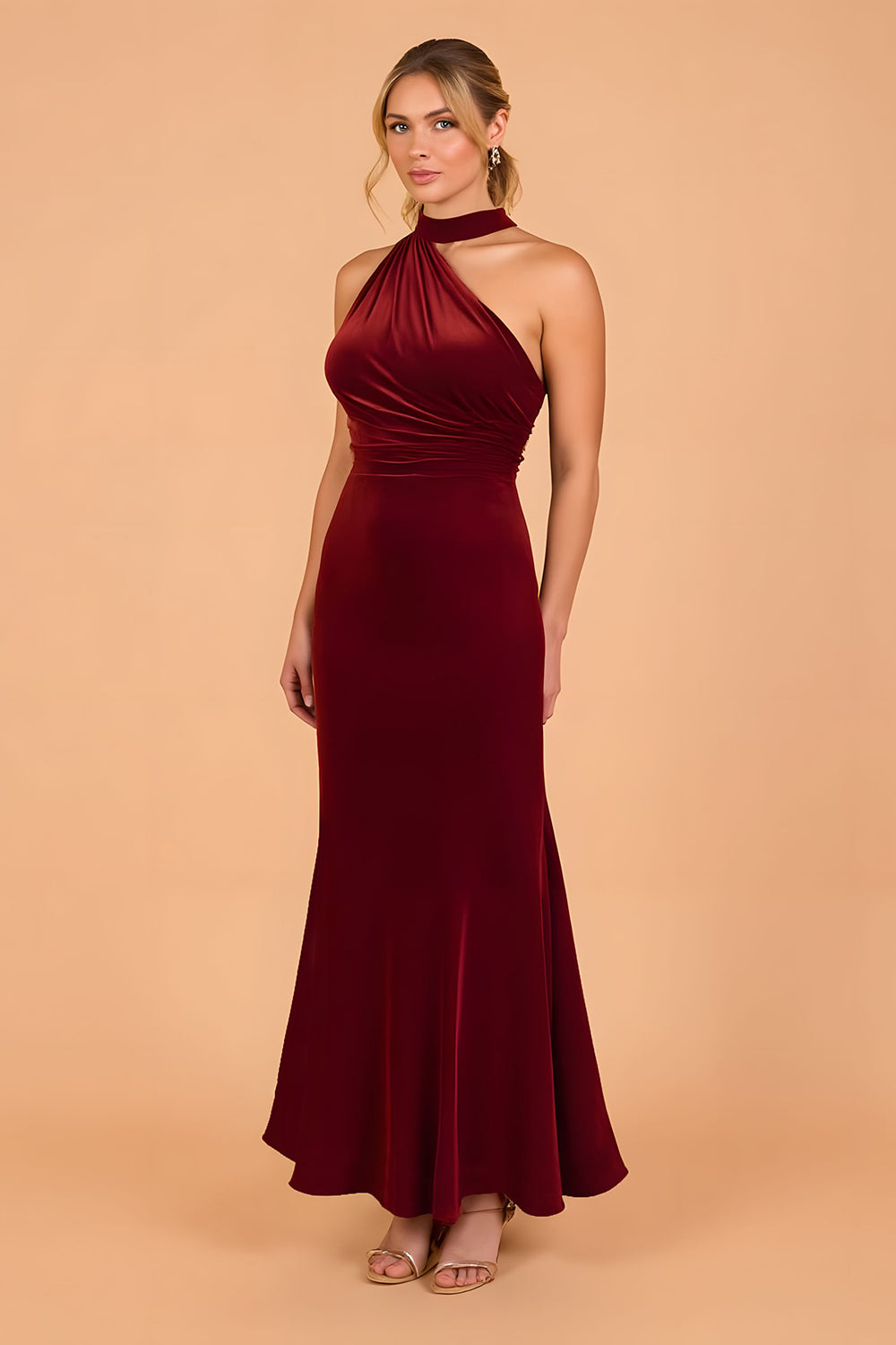Burgundy Velvet Mermaid Halter Ruched Long Bridesmaid Dress with Ruffles