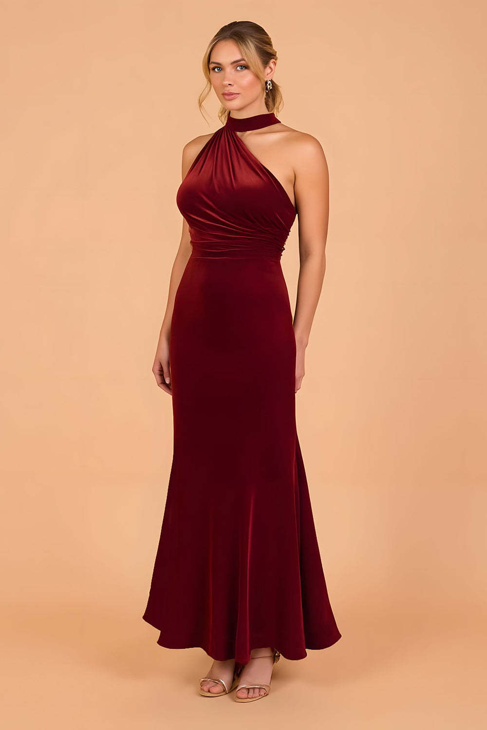 Leely Women Burgundy Mermaid Velvet Long Bridesmaid Dress Halter Ruched Wedding Guest Dress