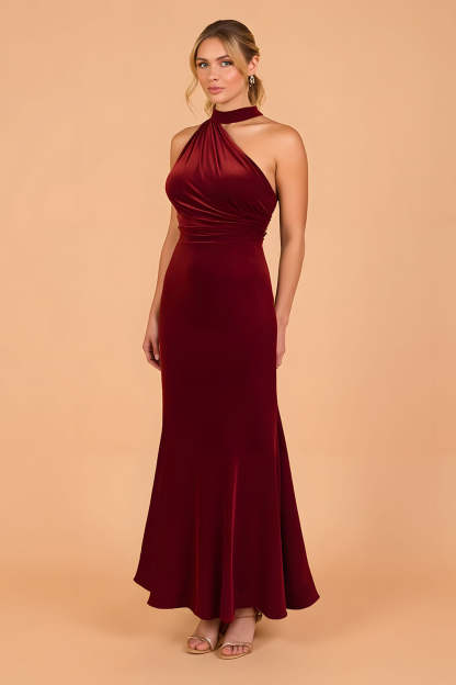 Leely Women Burgundy Mermaid Velvet Long Bridesmaid Dress Halter Ruched Wedding Guest Dress