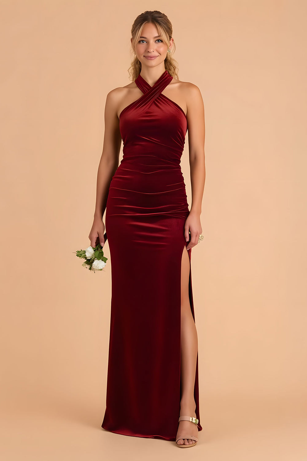 Burgundy Sheath Velvet Criss Cross Halter Maxi Bridesmaid Dress with Slit