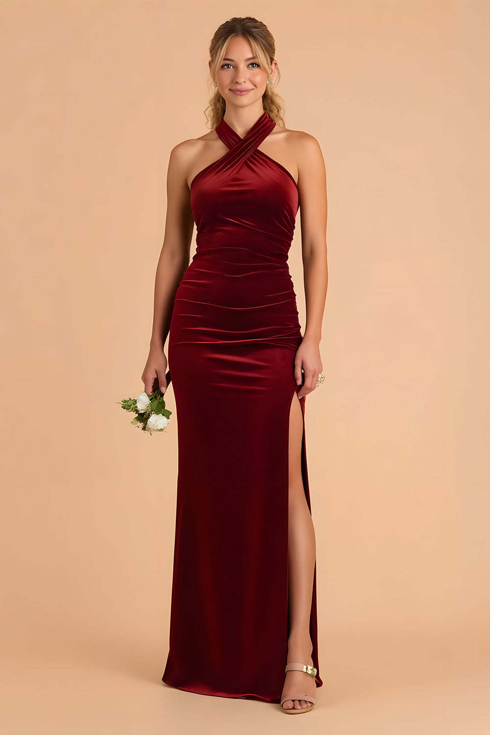 Leely Women Burgundy Sheath Maxi Velvet Bridesmaid Dress with Slit Ruched Halter Black Tie Wedding Guest Dress