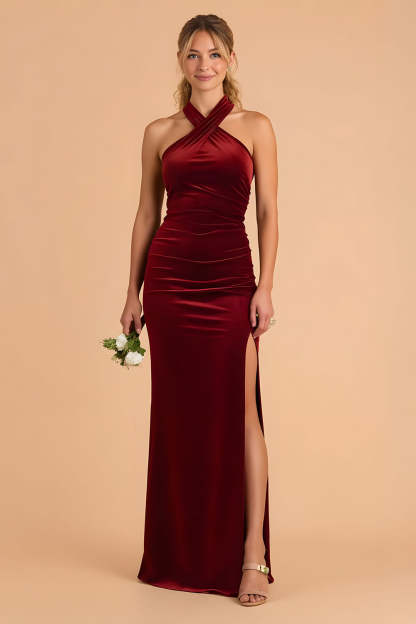 Leely Women Burgundy Sheath Maxi Velvet Bridesmaid Dress with Slit Ruched Halter Black Tie Wedding Guest Dress