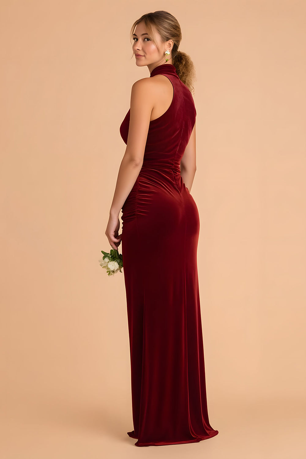 Burgundy Sheath Velvet Criss Cross Halter Maxi Bridesmaid Dress with Slit