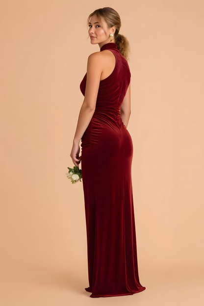 Burgundy Sheath Velvet Criss Cross Halter Maxi Bridesmaid Dress with Slit