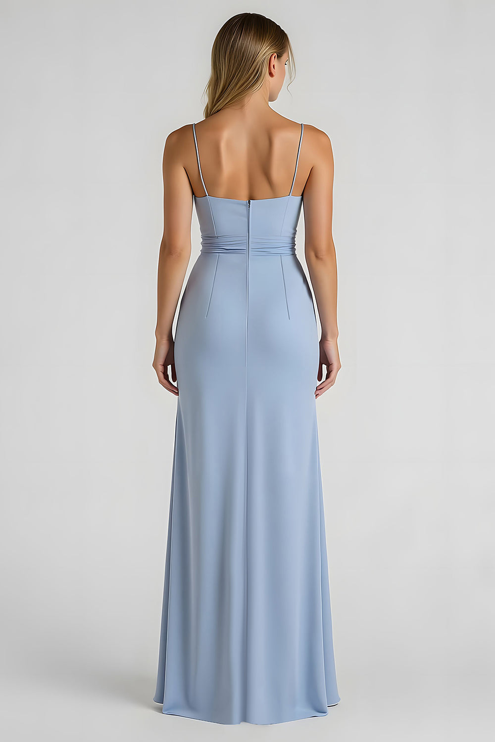 Maxi Light Blue Chiffon Ruched Sheath Bridesmaid Dress with Slit