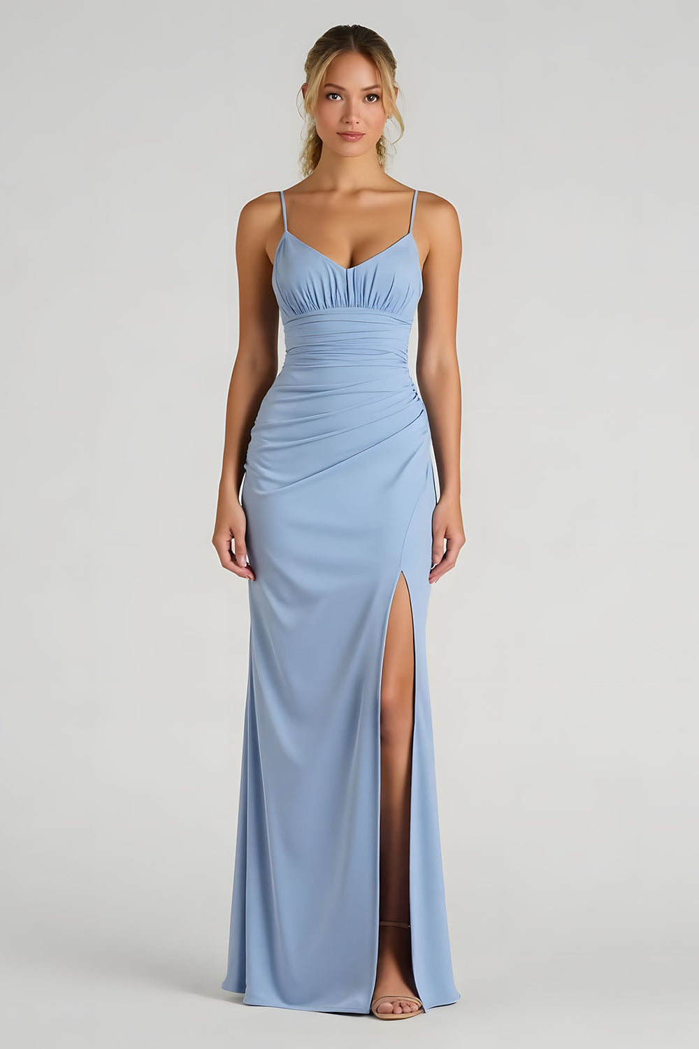 Maxi Light Blue Chiffon Ruched Sheath Bridesmaid Dress with Slit