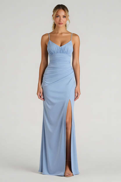 Leely Women Light Blue Chiffon Maxi Sheath Bridesmaid Dress with Slit Ruched Spaghetti Straps Backless Wedding Guest Dress
