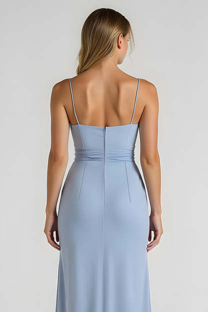 Maxi Light Blue Chiffon Ruched Sheath Bridesmaid Dress with Slit