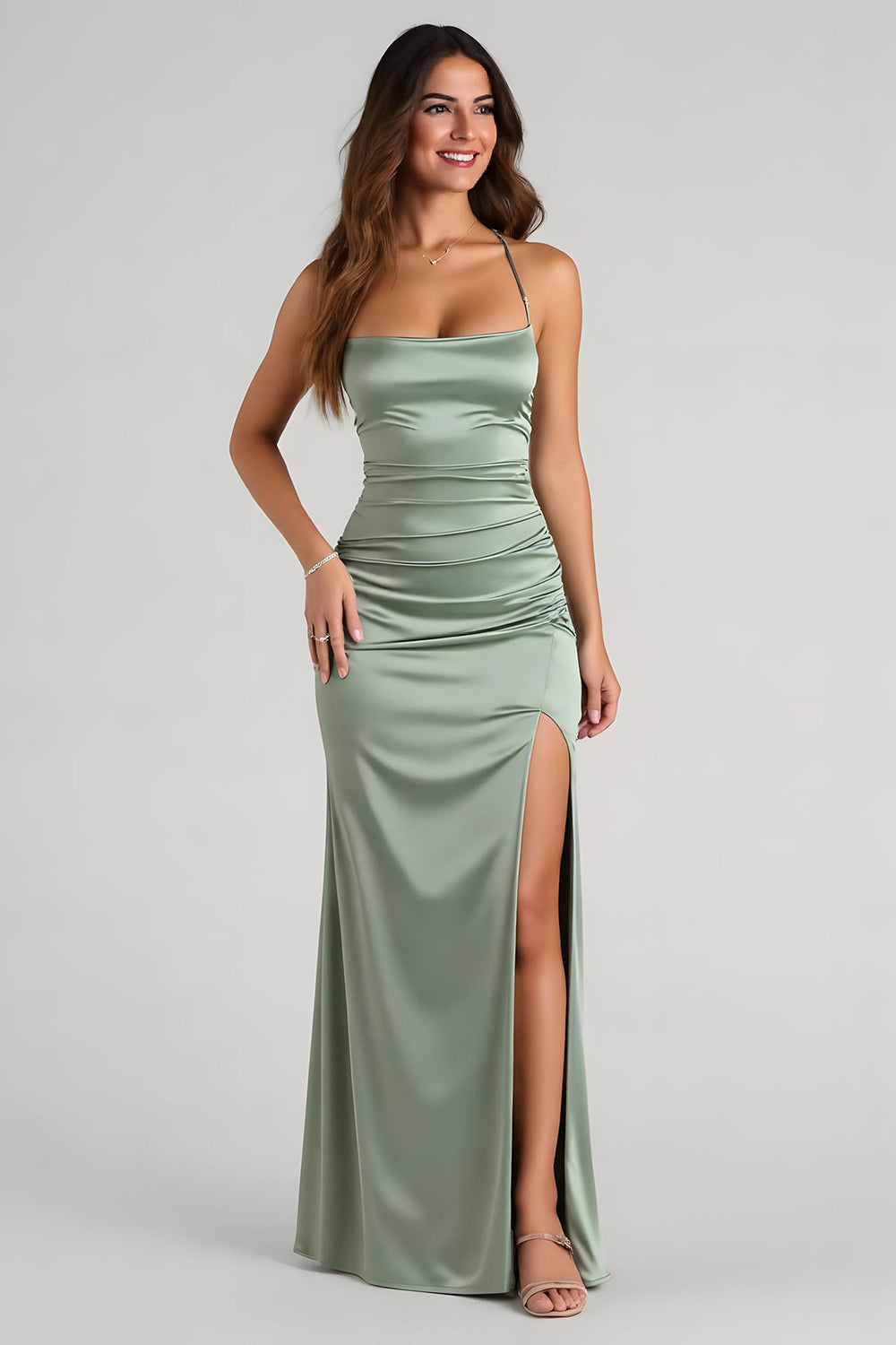Leely Women Eucalyptus Sheath Satin Long Bridesmaid Dress with Slit Spaghetti Straps Criss Cross Back Wedding Guest Dress