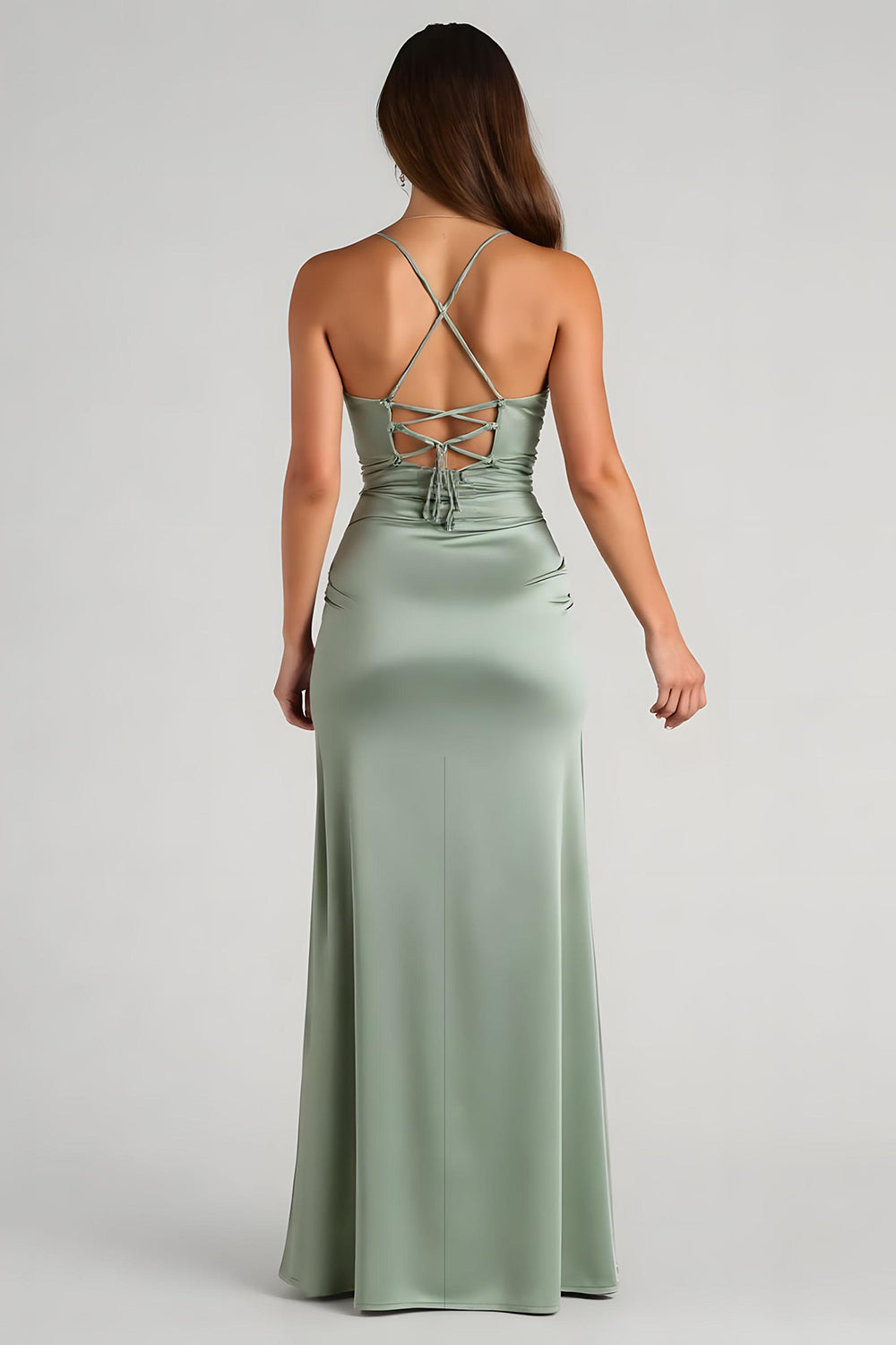 Eucalyptus Satin Sheath Spaghetti Straps Long Bridesmaid Dress with Slit