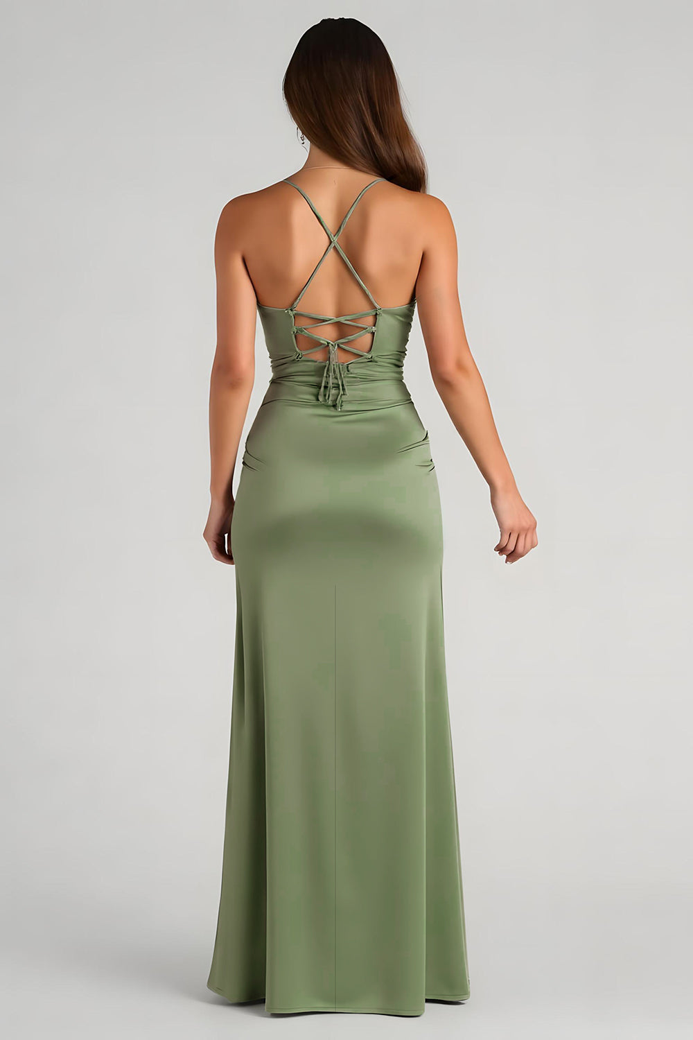 Eucalyptus Satin Sheath Spaghetti Straps Long Bridesmaid Dress with Slit
