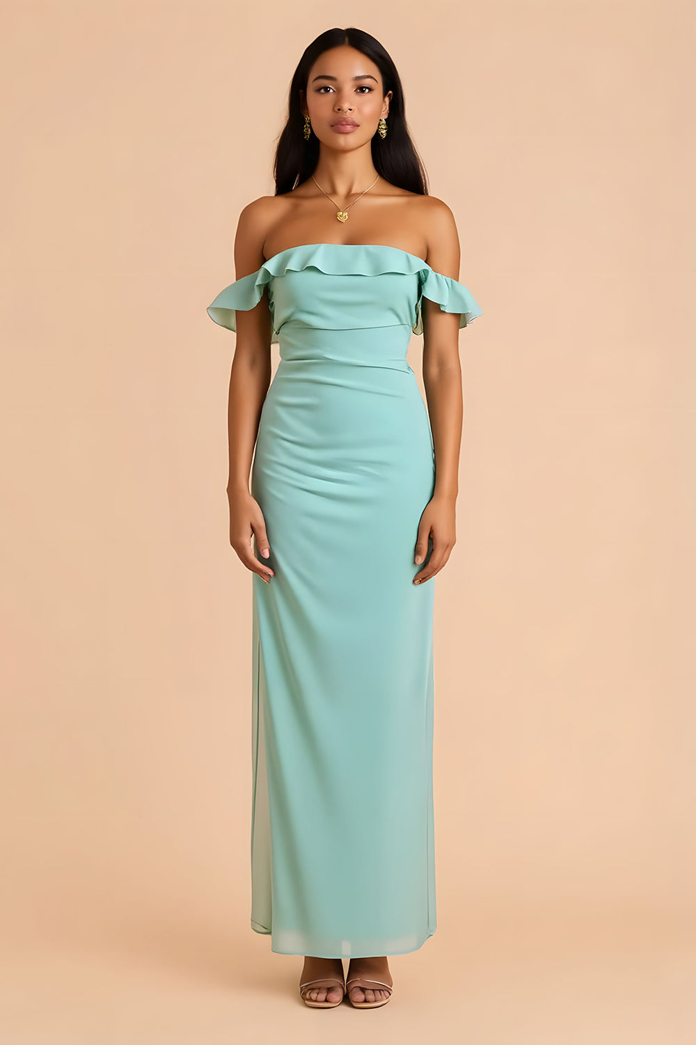 Mint Green Chiffon Off The Shoulder Sheath Long Bridesmaid Dress with Ruffles
