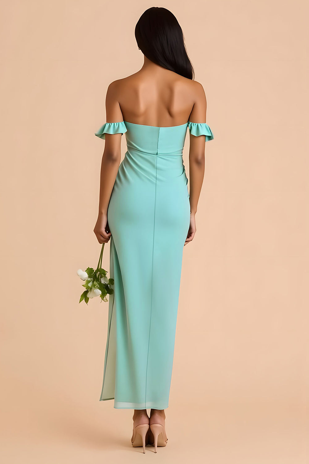 Mint Green Chiffon Off The Shoulder Sheath Long Bridesmaid Dress with Ruffles