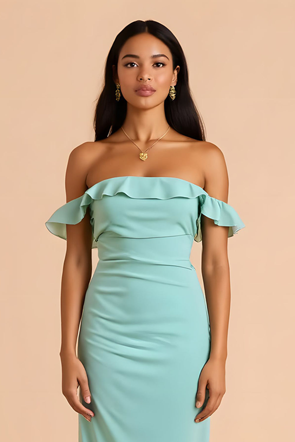 Mint Green Chiffon Off The Shoulder Sheath Long Bridesmaid Dress with Ruffles