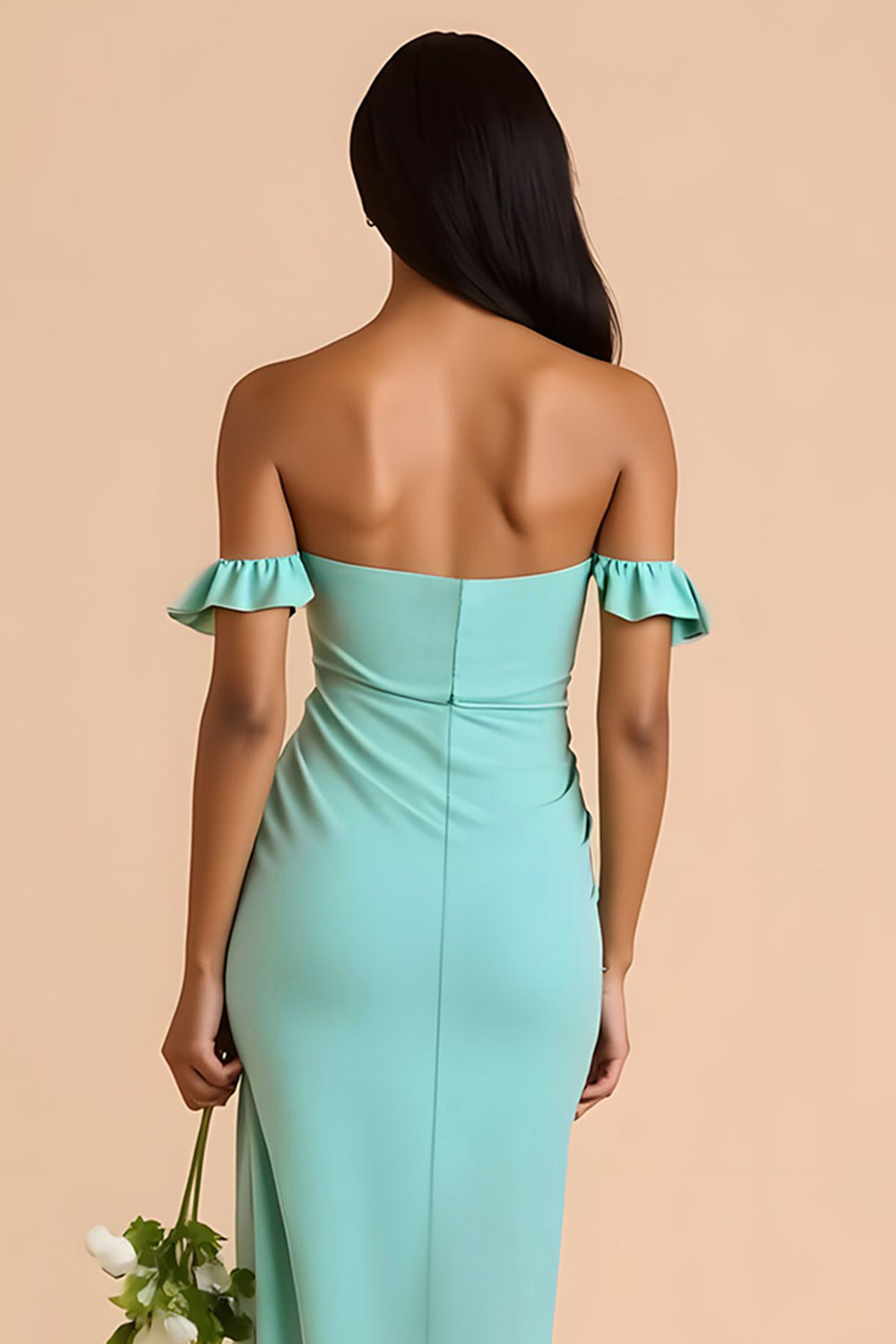 Mint Green Chiffon Off The Shoulder Sheath Long Bridesmaid Dress with Ruffles