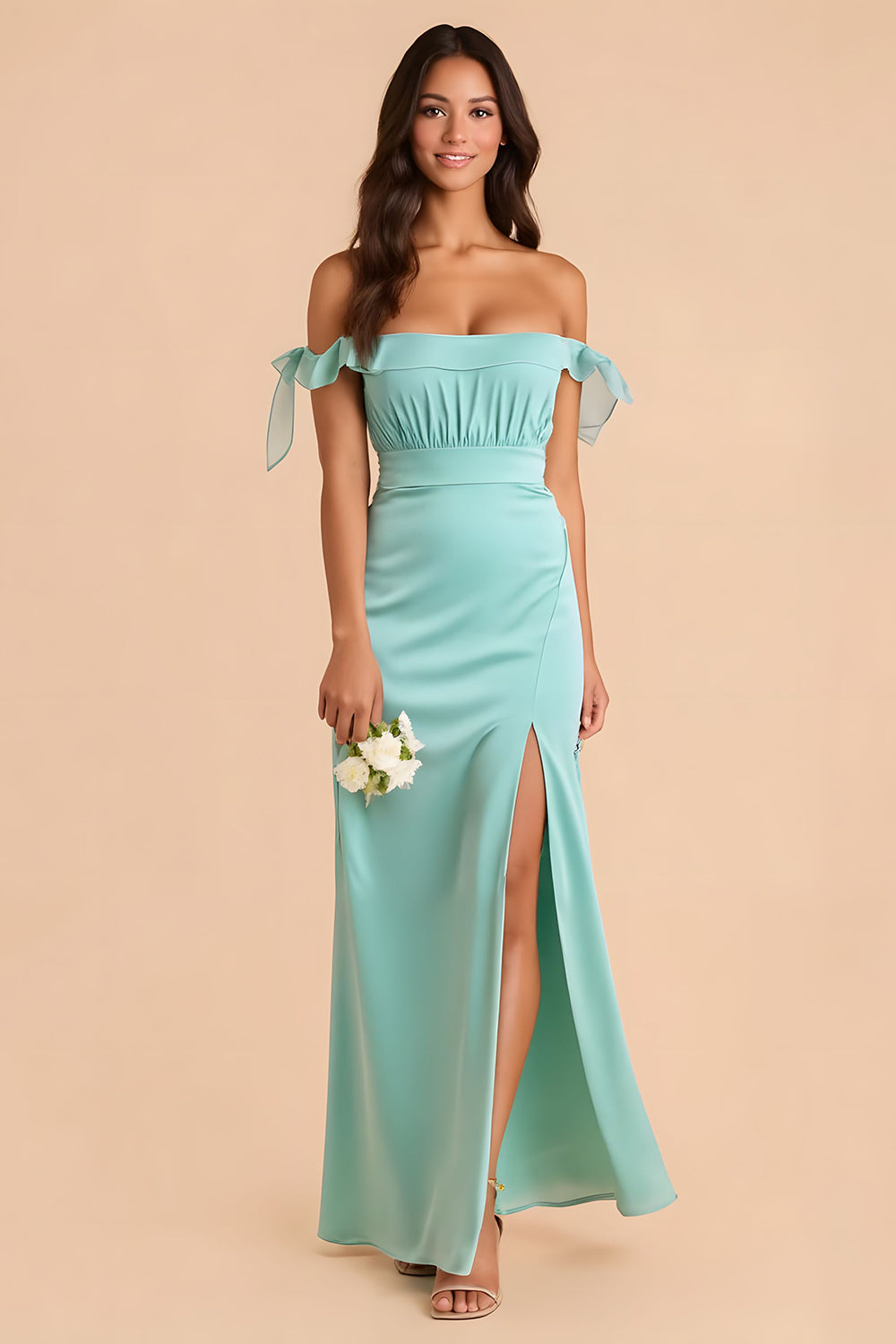 Leely Women Mint Green Chiffon Maxi Sheath Bridesmaid Dress with Slit Off The Shoulder Wedding Guest Dress with Ruffles