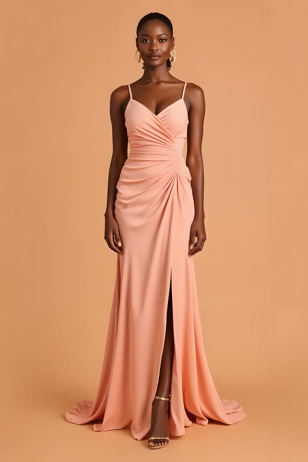 Leely Women Sunset Chiffon Maxi Bridesmaid Dress with Slit Spaghetti Straps Mermaid Ruched Weeding Guest Dress