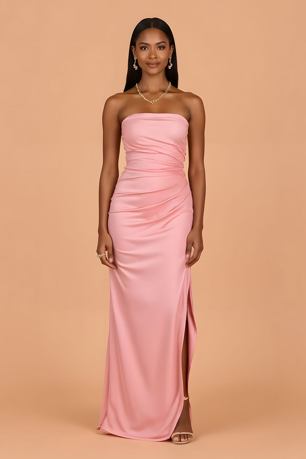 Chiffon Blush Strapless Sheath Maxi Bridesmaid Dress with Slit