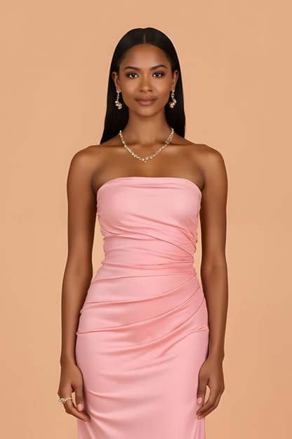Chiffon Blush Strapless Sheath Maxi Bridesmaid Dress with Slit