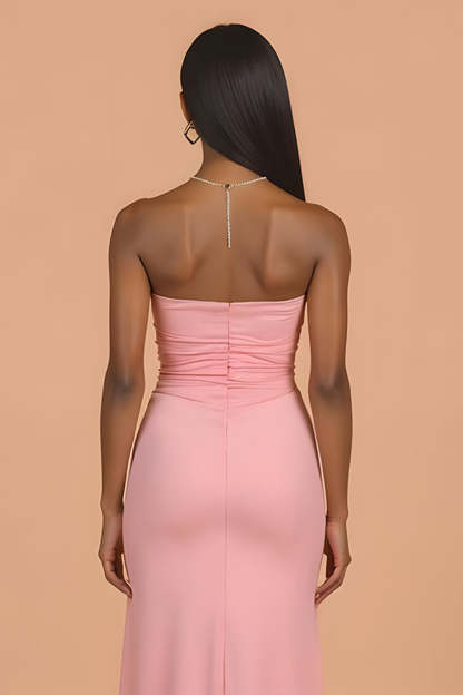 Chiffon Blush Strapless Sheath Maxi Bridesmaid Dress with Slit