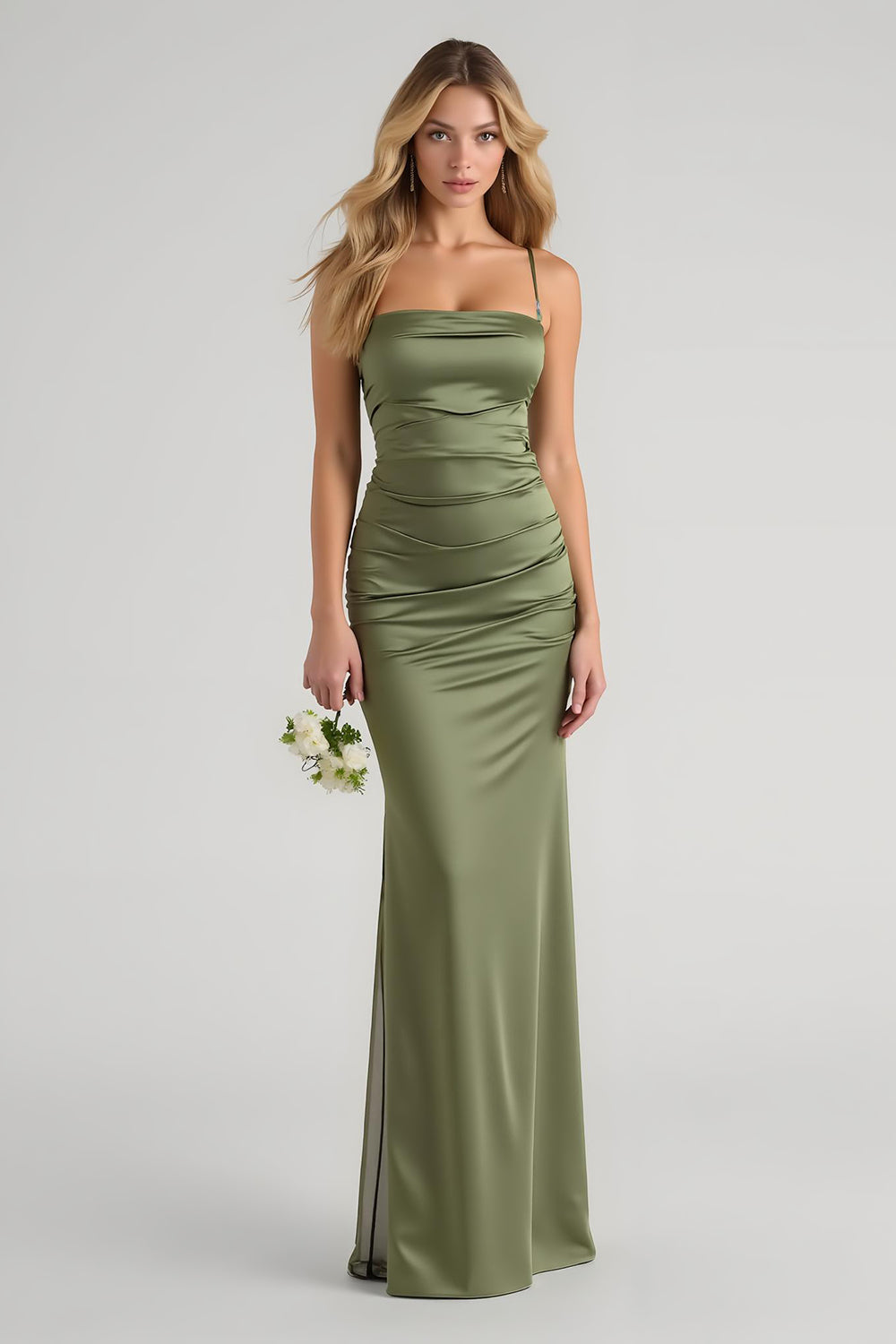 Leely Women Simple Olive Satin Sheath Maxi Bridesmaid Dress Spaghetti Straps Wedding Guest Dress
