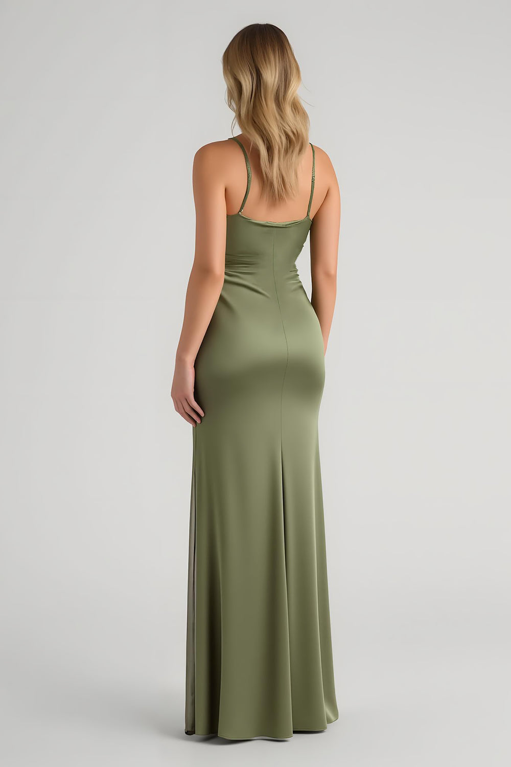 Simple Olive Sheath Satin Spaghetti Straps Maxi Bridesmaid Dress