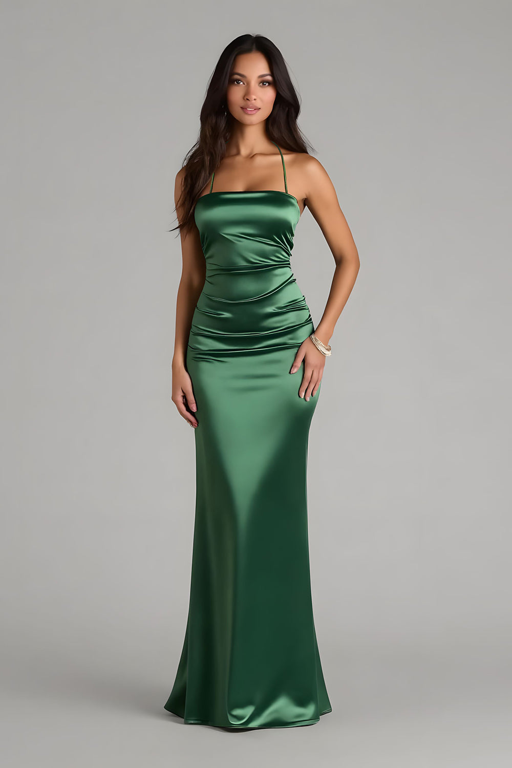 Leely Women Dark Green Sheath Satin Long Bridesmaid Dress Spaghetti Straps Ruched Criss Cross Back Wedding Guest Dress