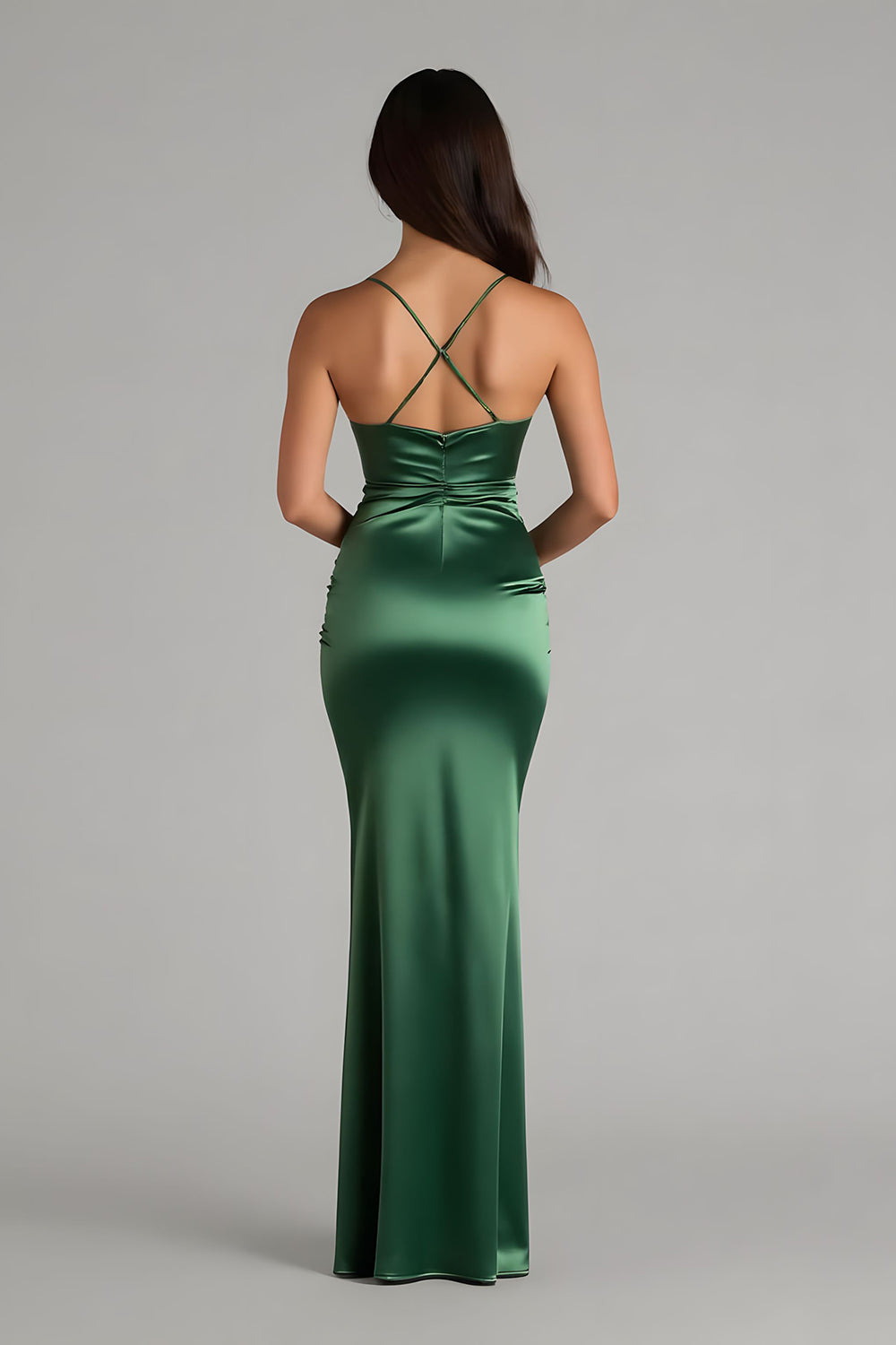 Dark Green Sheath Satin Spaghetti Straps Ruched Long Bridesmaid Dress